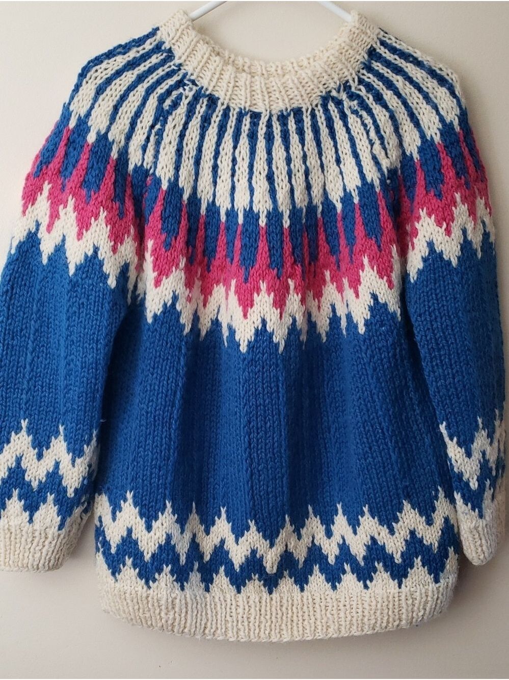 80's Vintage Wool Handmade Fair Isle Knit Sweater - Cream, Pink & Blue Pattern